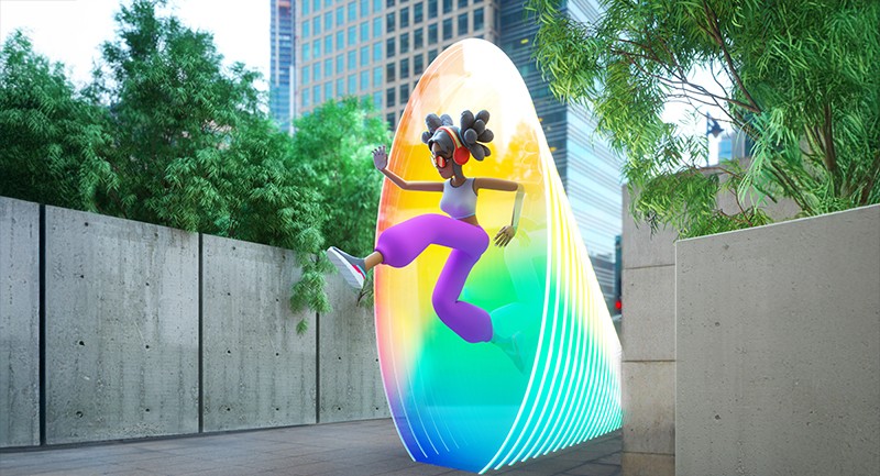 Illustration of a young woman jumping through a portal in the middle of a city sidewalk
