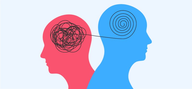 An illustration showing two people with a line connecting their brains