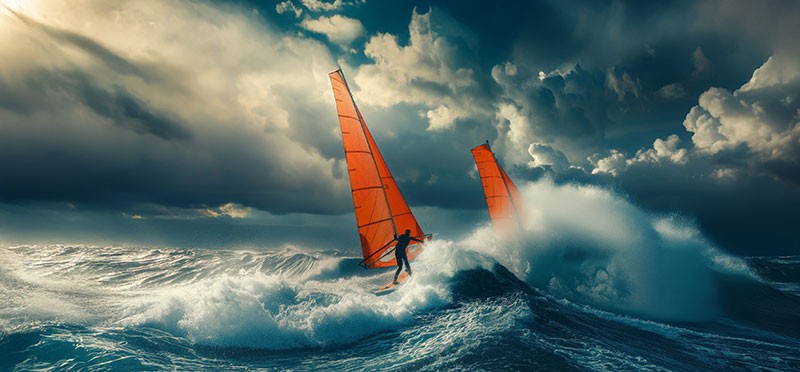 Two sailboats on a stormy sea