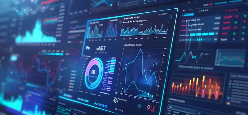Close-up of a computer screen filled with charts and graphs