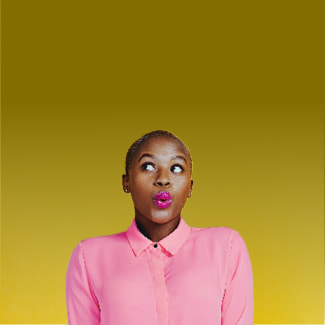 A woman wearing bright lipstick smiling