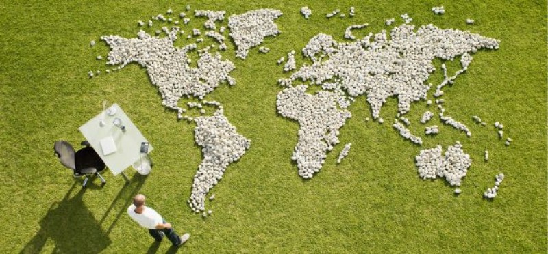 A world map made out of golf balls