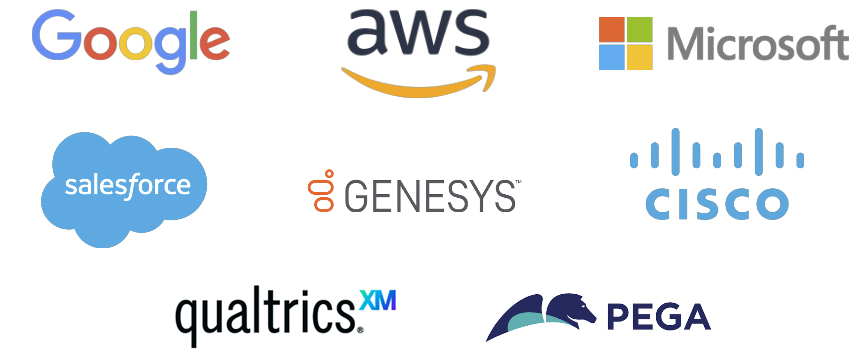 Technology partners including Google, Amazon AWS, Microsoft, Salesforce, Genesys, Cisco, Qualtrics, Pega, and more