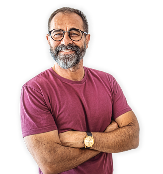 Man in a red shirt smiling