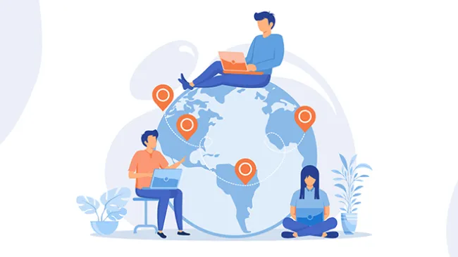Illustration of three workers using laptops surrounding a globe