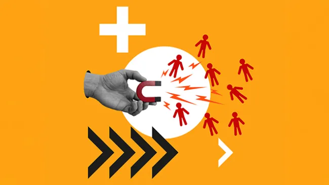 Illustration of a hand holding a magnet and attracting people to it