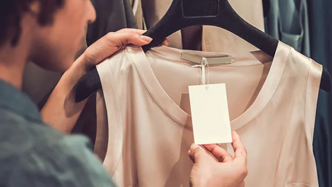 Closeup of a woman's hand checking the price tag on a shirt in a store