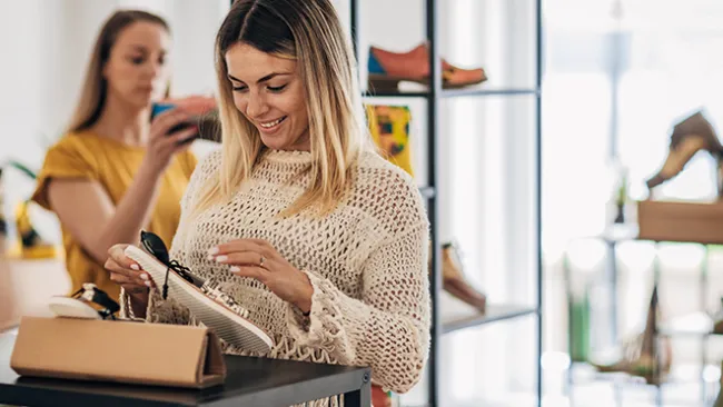 Woman looking at a shoe in a shoe store