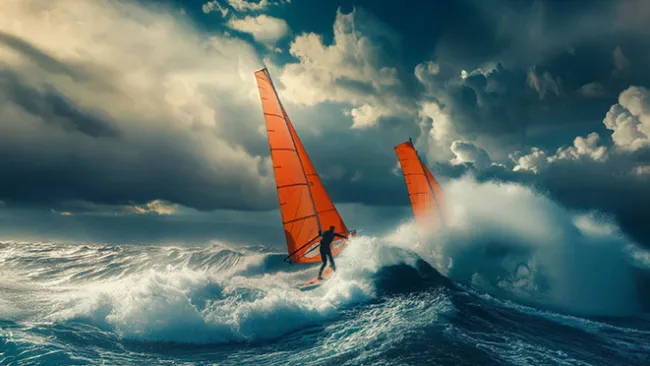 Two sailboats on a stormy sea