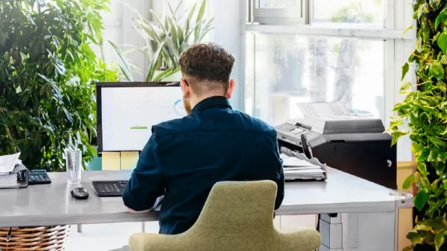 Ma working in a home office surrounded by plants