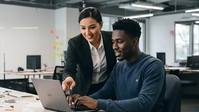 Employees collaborating around a laptop