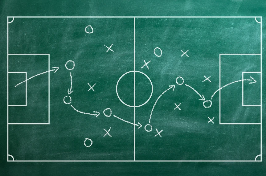 Chalkboard with soccer strategy drawn on it