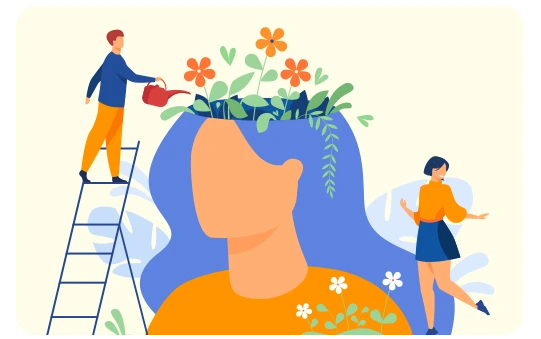 An abstract illustration showing a woman watering her knowledge